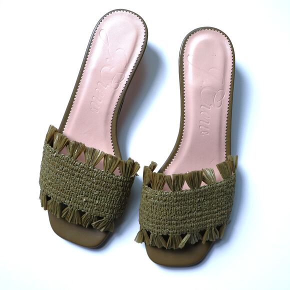 J. CREW Lina Kitten-Heel Slip On Sandals Green Woven Raffia Fringe Women's 6 - Picture 7 of 9